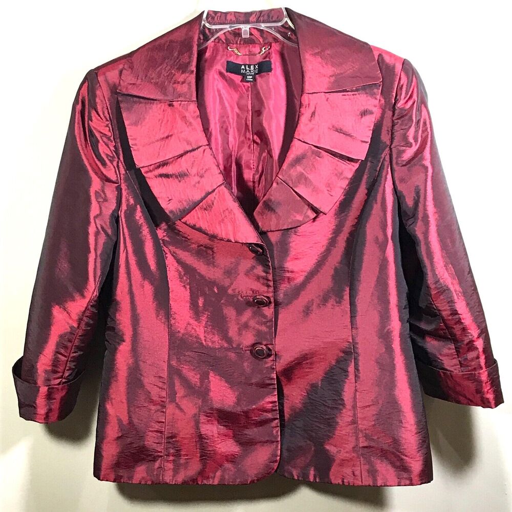 Alex Marie Iridescent Maroon 3/4 Sleeve Blazer 12P Women's Button Down Ruffle